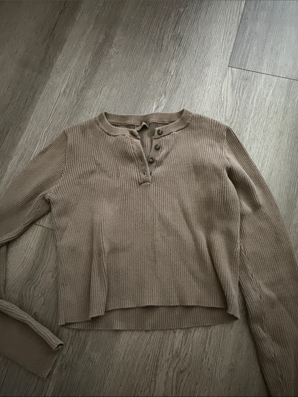 Brandy Melville Ribbed Henley Long-Sleeve Top — Taupe